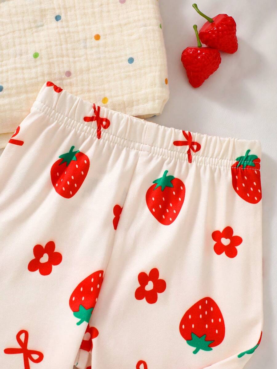 Baby Girl Strawberry Print T Shirt and Pants Set for Cute Summer Daily Wear