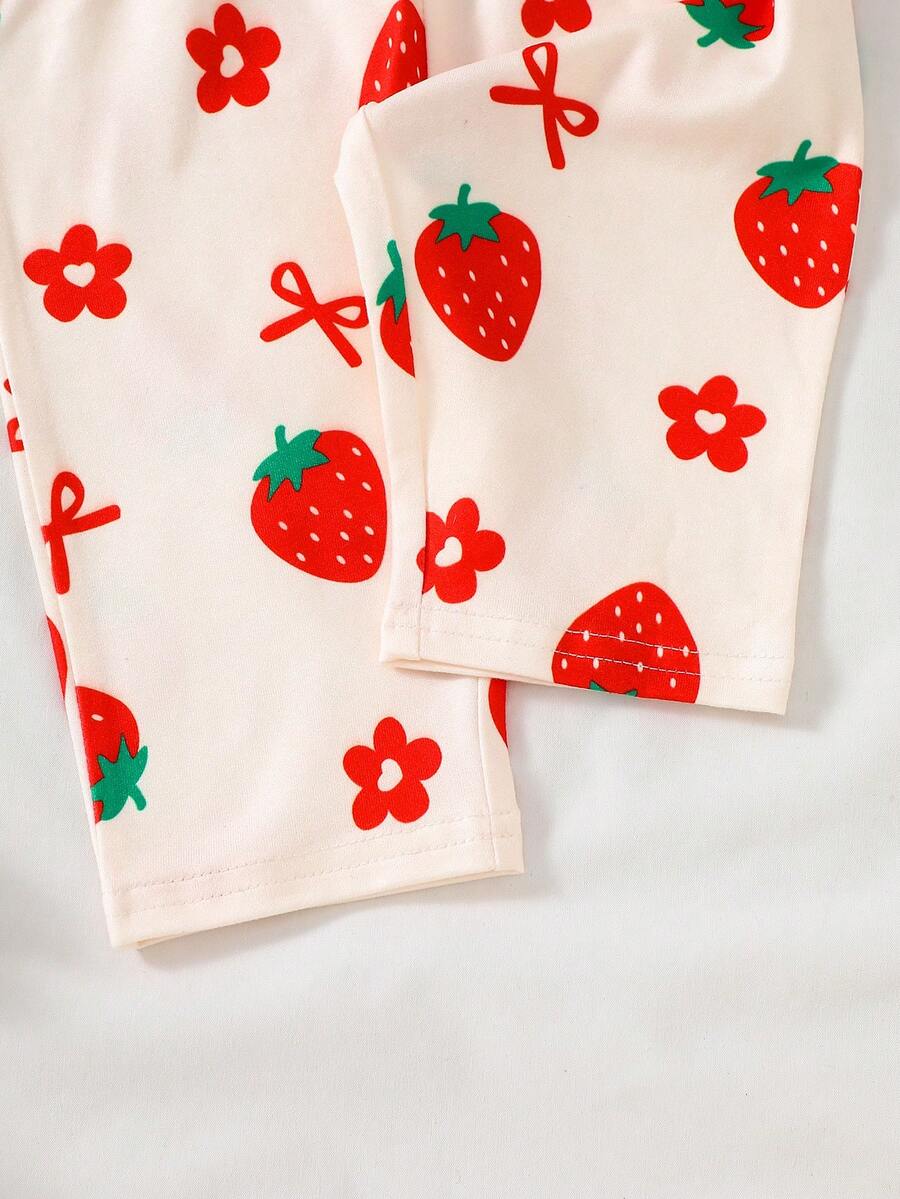 Baby Girl Strawberry Print T Shirt and Pants Set for Cute Summer Daily Wear