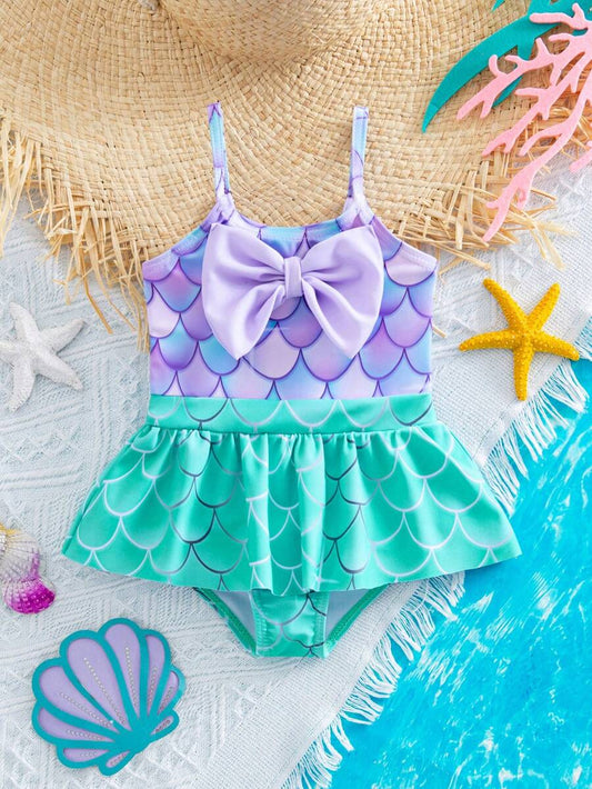 Baby Mermaid Print Bow Color Block One-Piece Swimsuit for Summer Beach Days