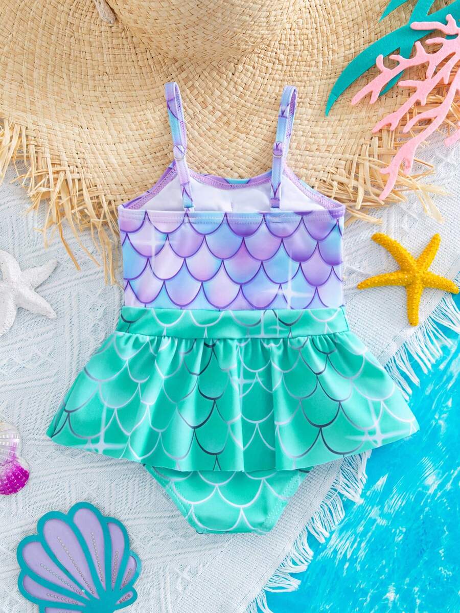 Baby Mermaid Print Bow Color Block One-Piece Swimsuit for Summer Beach Days