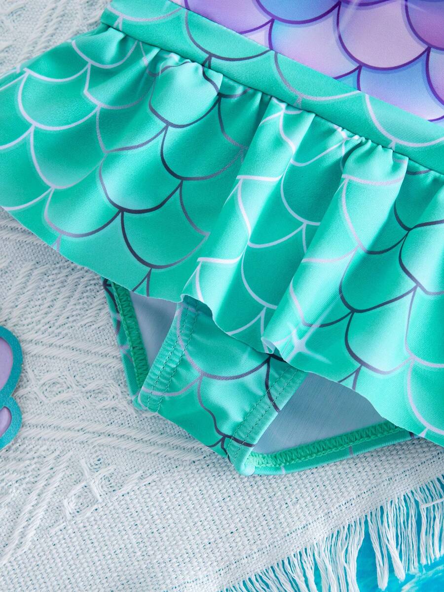 Baby Mermaid Print Bow Color Block One-Piece Swimsuit for Summer Beach Days