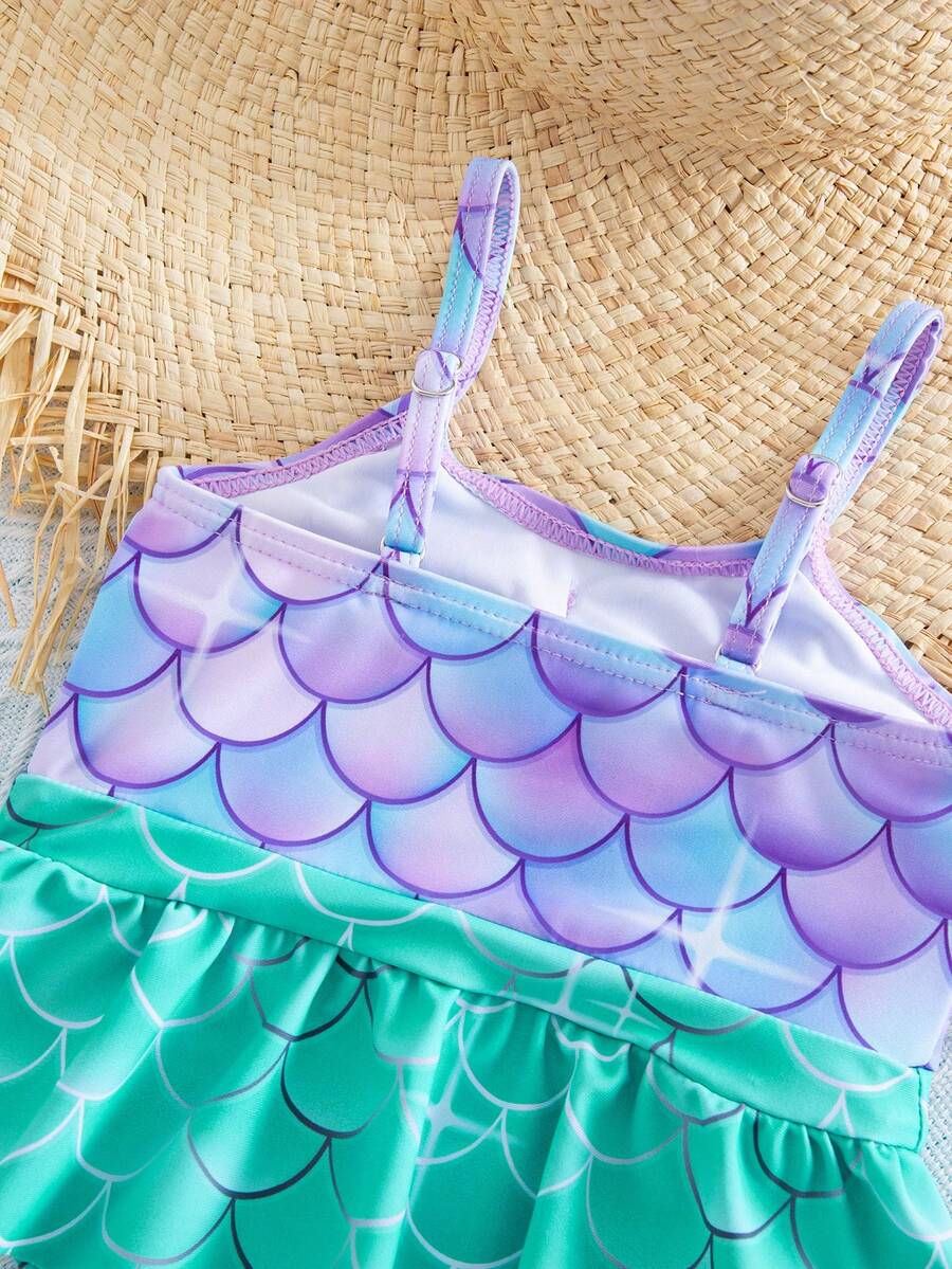 Baby Mermaid Print Bow Color Block One-Piece Swimsuit for Summer Beach Days