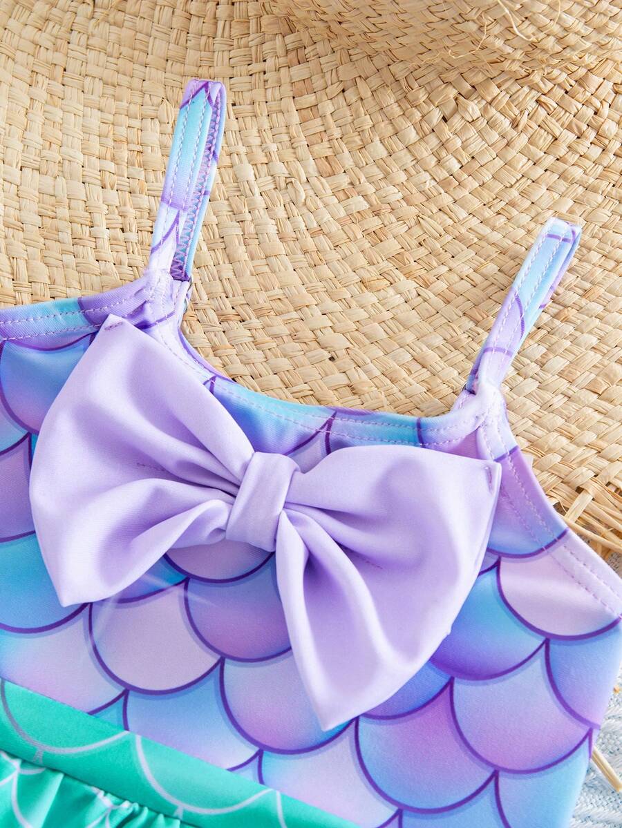 Baby Mermaid Print Bow Color Block One-Piece Swimsuit for Summer Beach Days