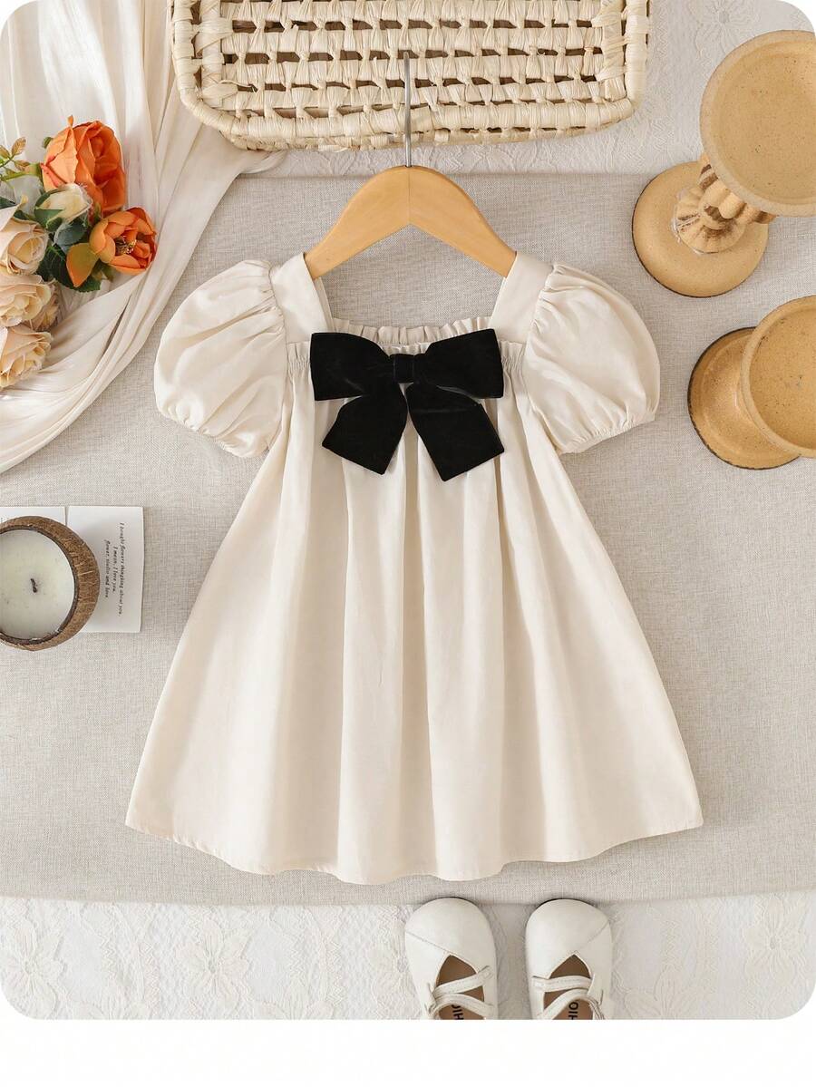 Baby Girl Plaid Bow Detail Short Sleeve Dress Cute Summer Vacation Outfit