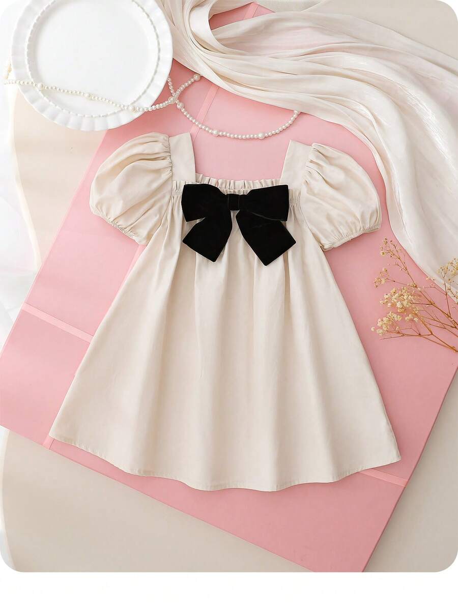 Baby Girl Plaid Bow Detail Short Sleeve Dress Cute Summer Vacation Outfit