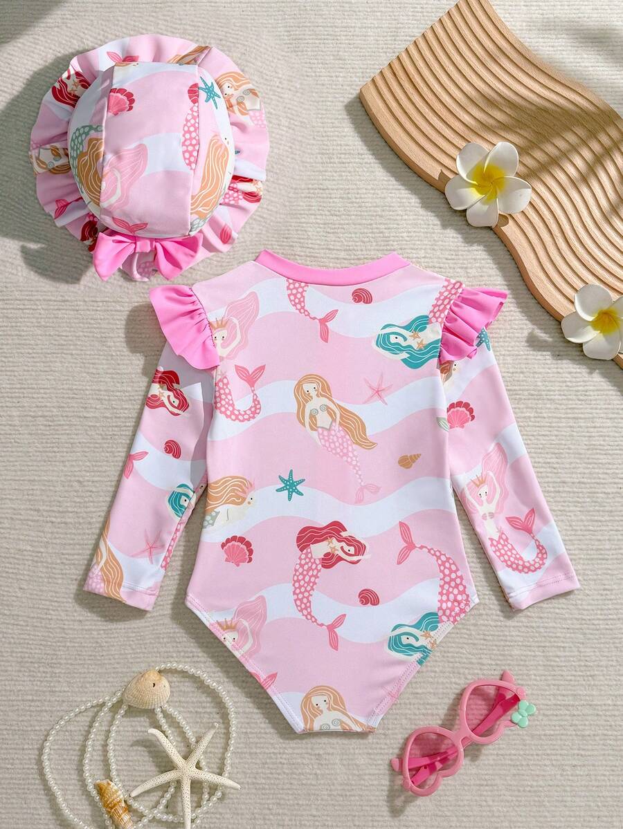 Baby Girls Floral Ruffle Long Sleeve Swimsuit With Hat Tropical Beachwear Set