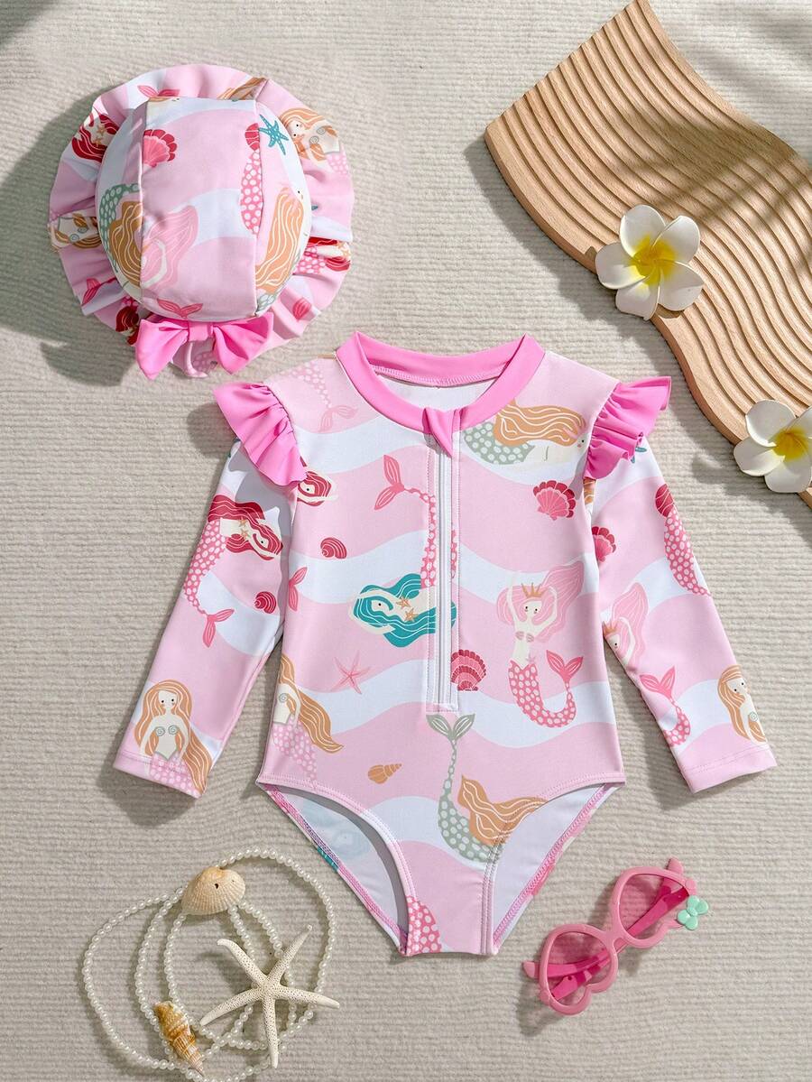 Baby Girls Floral Ruffle Long Sleeve Swimsuit With Hat Tropical Beachwear Set