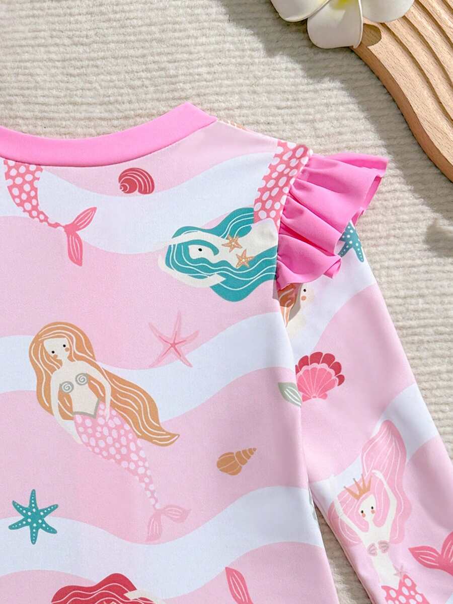 Baby Girls Floral Ruffle Long Sleeve Swimsuit With Hat Tropical Beachwear Set