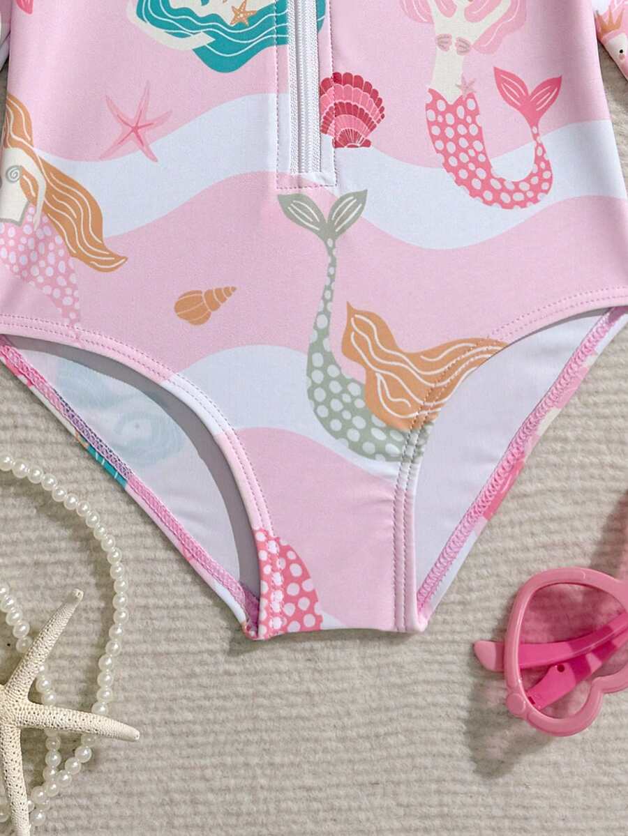 Baby Girls Floral Ruffle Long Sleeve Swimsuit With Hat Tropical Beachwear Set