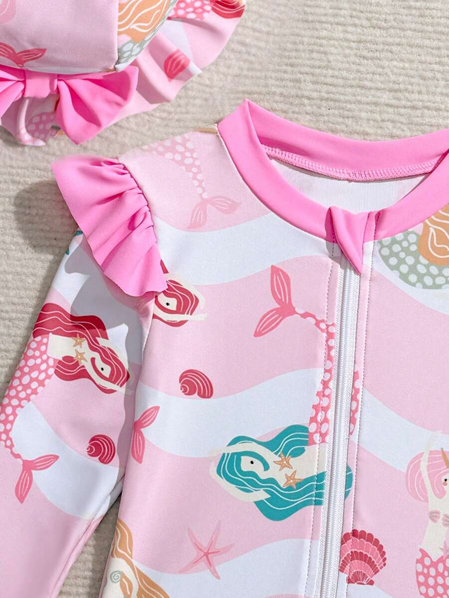 Baby Girls Floral Ruffle Long Sleeve Swimsuit With Hat Tropical Beachwear Set