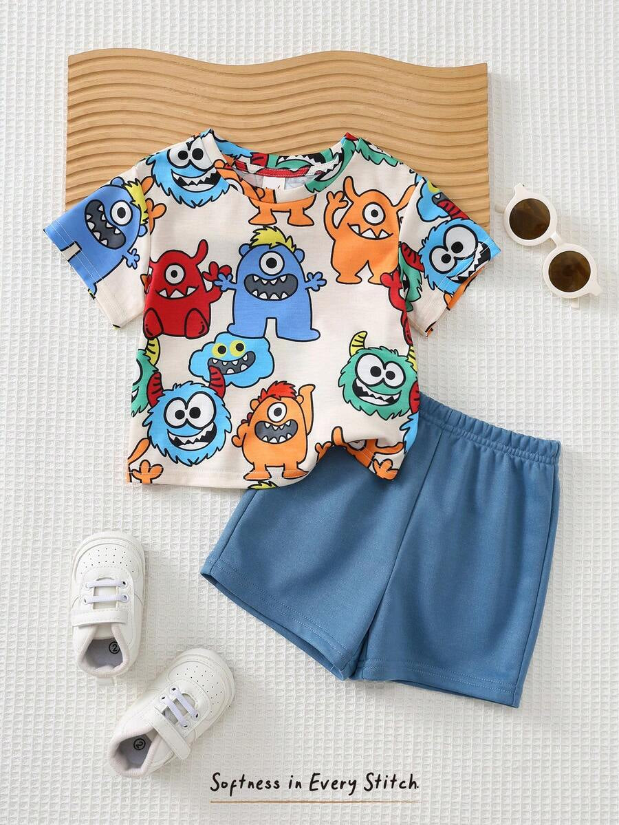 Baby Boy Animal Crayon Print T Shirt and Knitted Shorts 2 Piece Casual Spring Summer Outfit Set