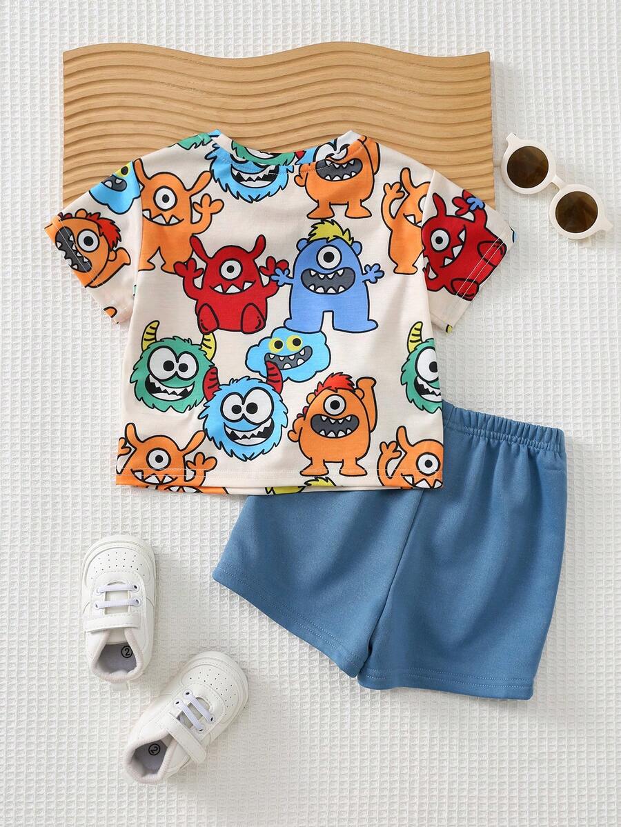 Baby Boy Animal Crayon Print T Shirt and Knitted Shorts 2 Piece Casual Spring Summer Outfit Set