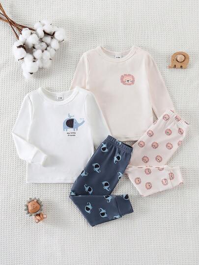 4pcs 2sets Lion and Elephant Baby Boys Pajama Set for Comfortable Daily Sleepwear