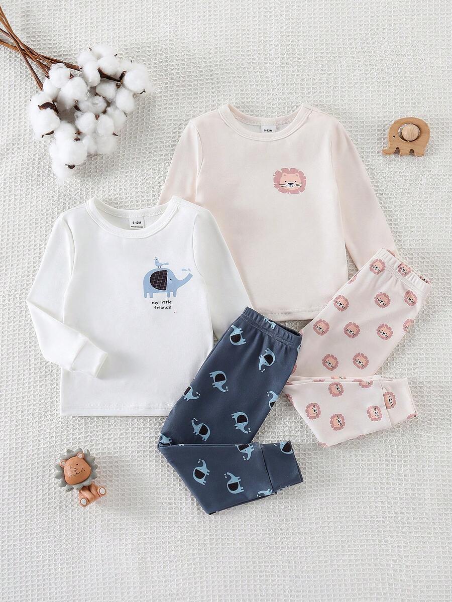 4pcs 2sets Lion and Elephant Baby Boys Pajama Set for Comfortable Daily Sleepwear