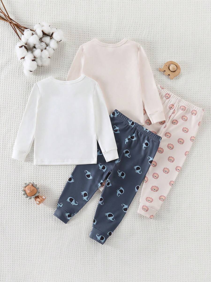 4pcs 2sets Lion and Elephant Baby Boys Pajama Set for Comfortable Daily Sleepwear