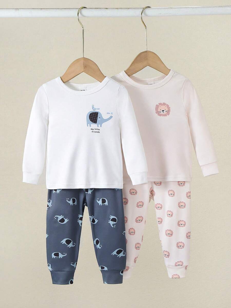 4pcs 2sets Lion and Elephant Baby Boys Pajama Set for Comfortable Daily Sleepwear