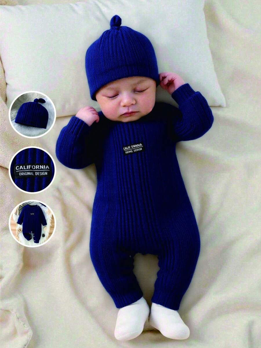 Baby Ribbed Knit Long Sleeve Jumpsuit Set with Matching Hat for Daily Wear