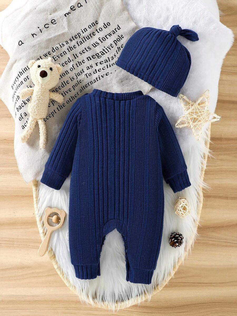 Baby Ribbed Knit Long Sleeve Jumpsuit Set with Matching Hat for Daily Wear