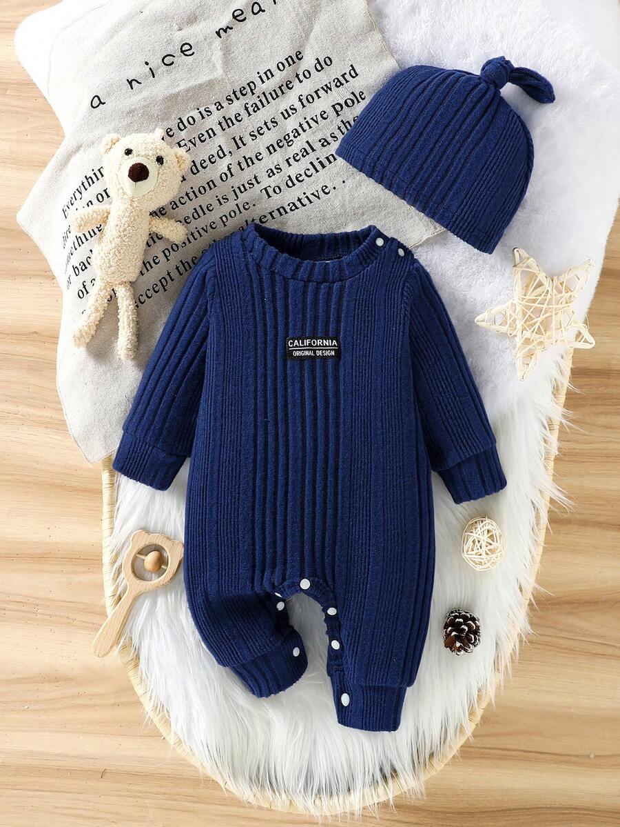 Baby Ribbed Knit Long Sleeve Jumpsuit Set with Matching Hat for Daily Wear