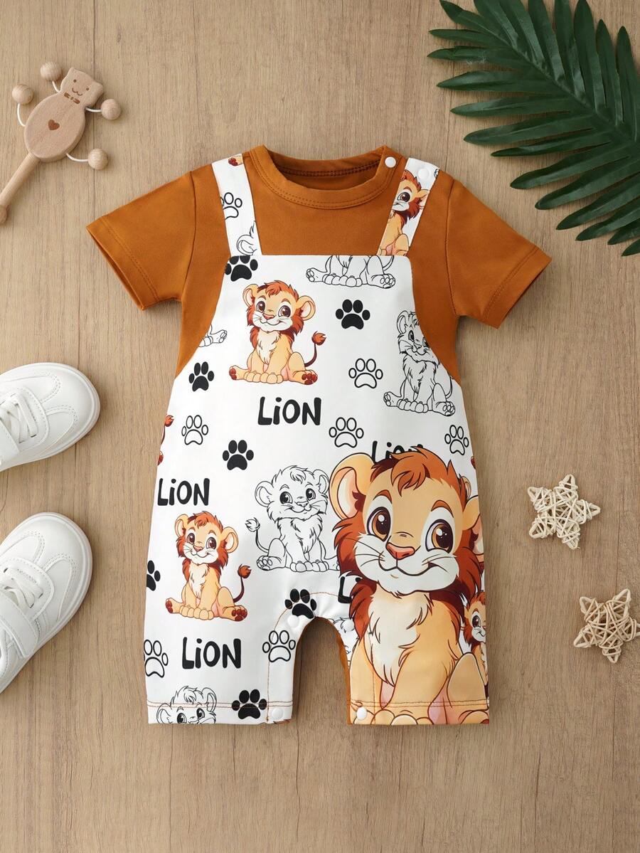 Cute Cartoon Lion Baby Boys Romper Outfit For Spring Summer Daily Wear