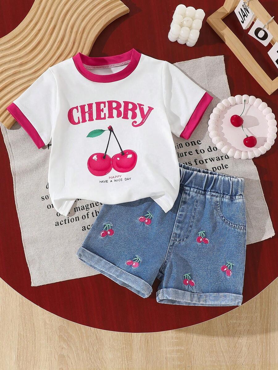 Cherry Print T-Shirt and Embroidery Pattern Contrast Shorts Set for Baby Girls