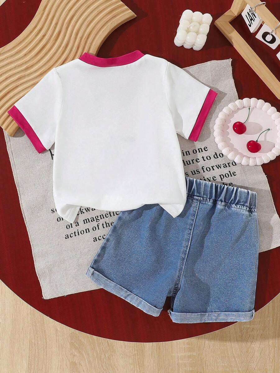 Cherry Print T-Shirt and Embroidery Pattern Contrast Shorts Set for Baby Girls
