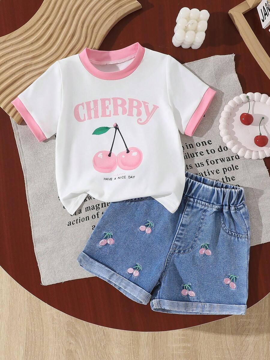 Cherry Print T-Shirt and Embroidery Pattern Contrast Shorts Set for Baby Girls