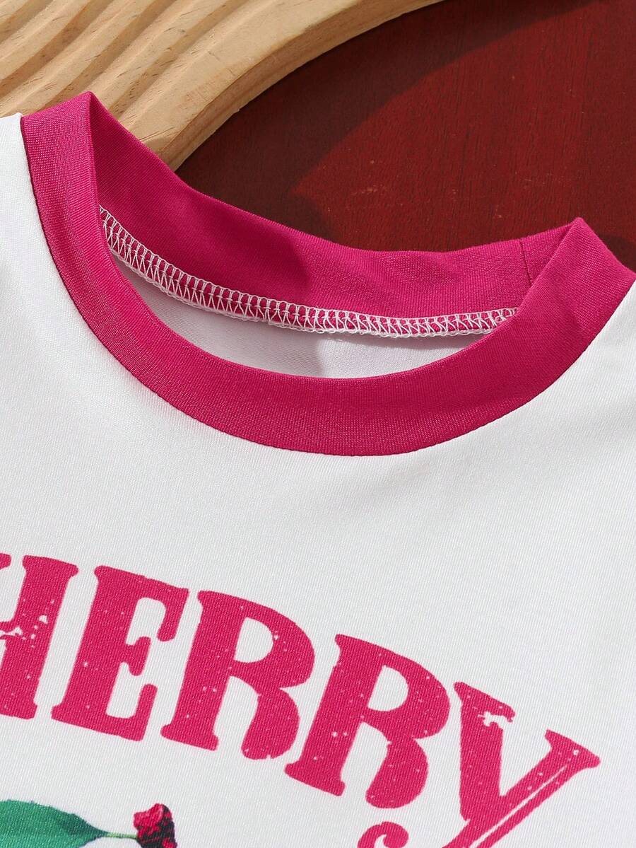 Cherry Print T-Shirt and Embroidery Pattern Contrast Shorts Set for Baby Girls