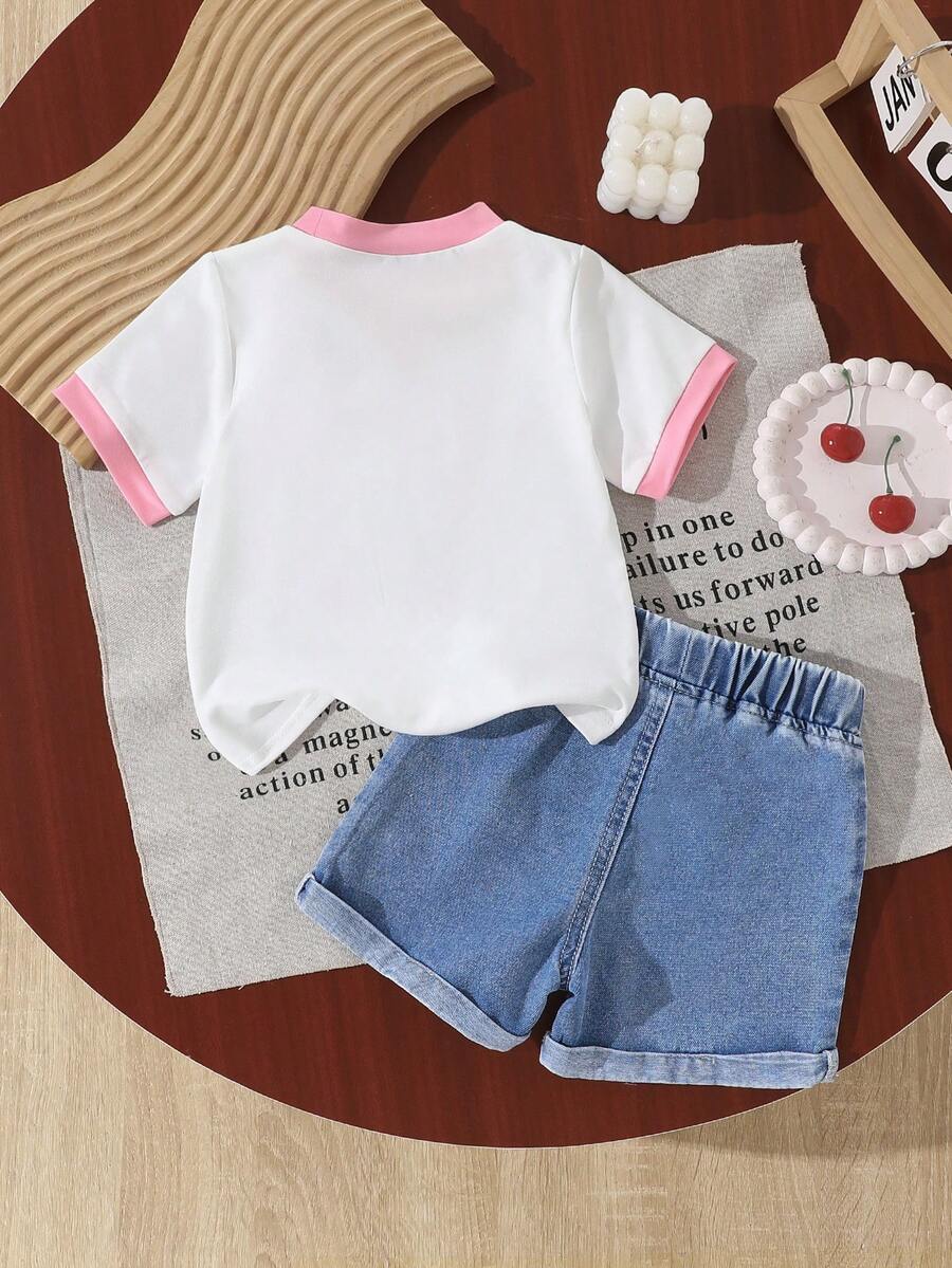 Cherry Print T-Shirt and Embroidery Pattern Contrast Shorts Set for Baby Girls