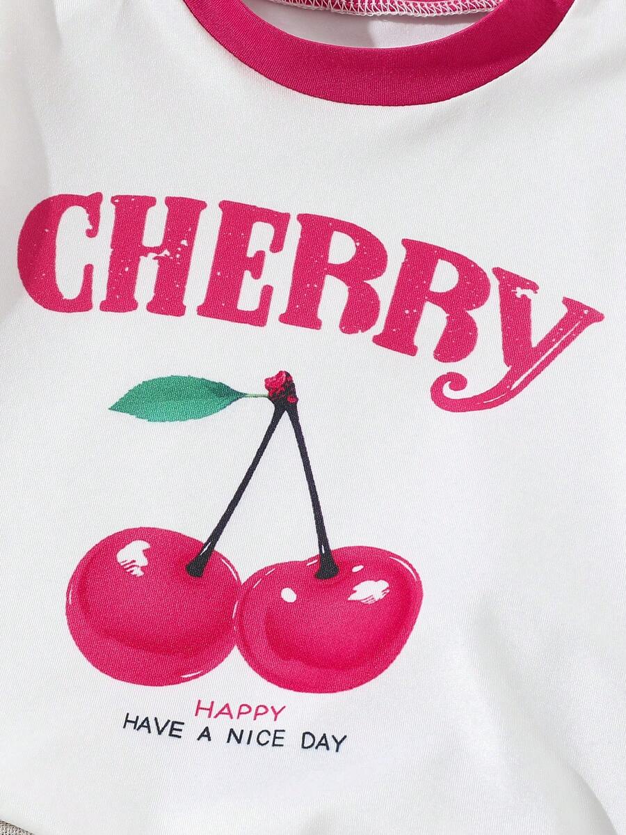 Cherry Print T-Shirt and Embroidery Pattern Contrast Shorts Set for Baby Girls