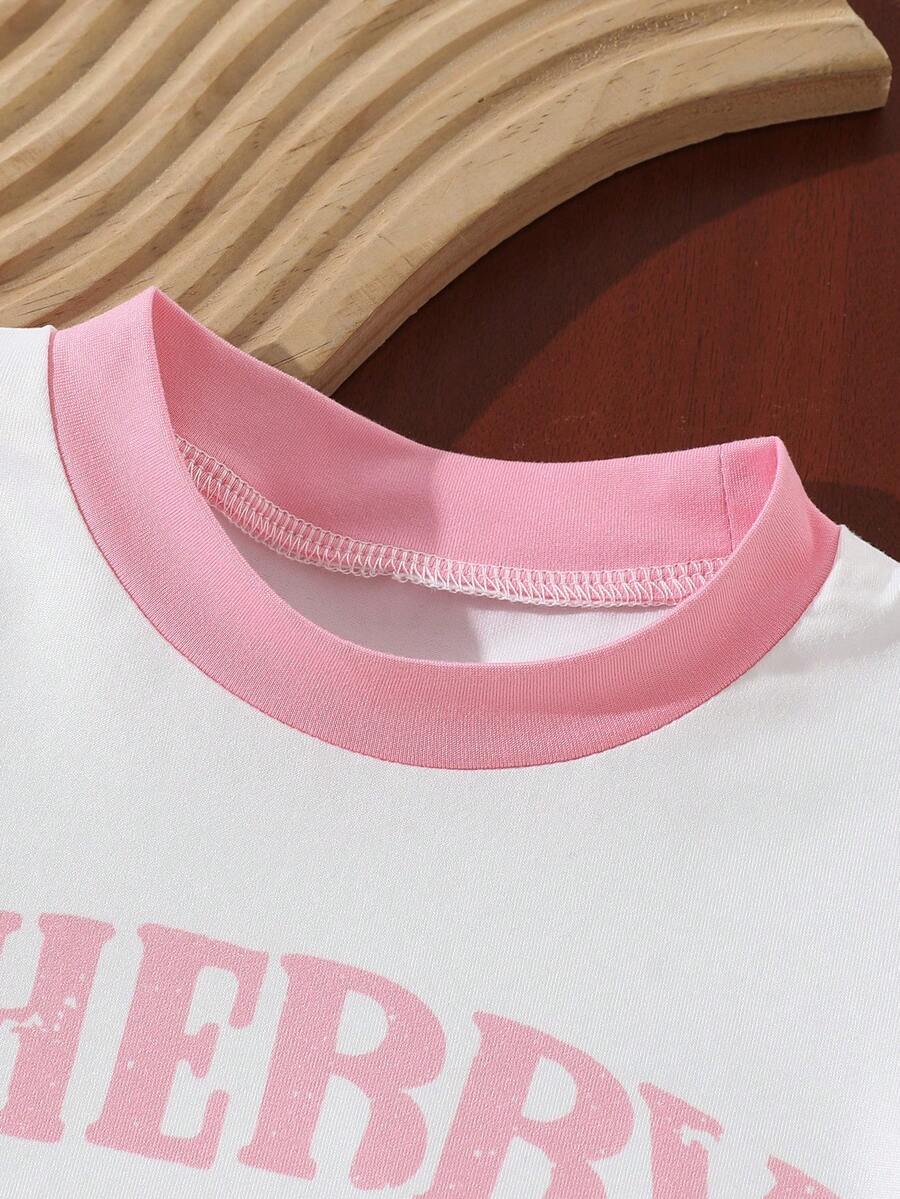 Cherry Print T-Shirt and Embroidery Pattern Contrast Shorts Set for Baby Girls