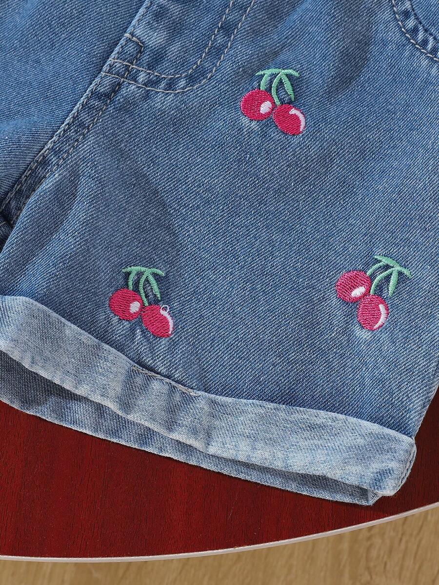 Cherry Print T-Shirt and Embroidery Pattern Contrast Shorts Set for Baby Girls