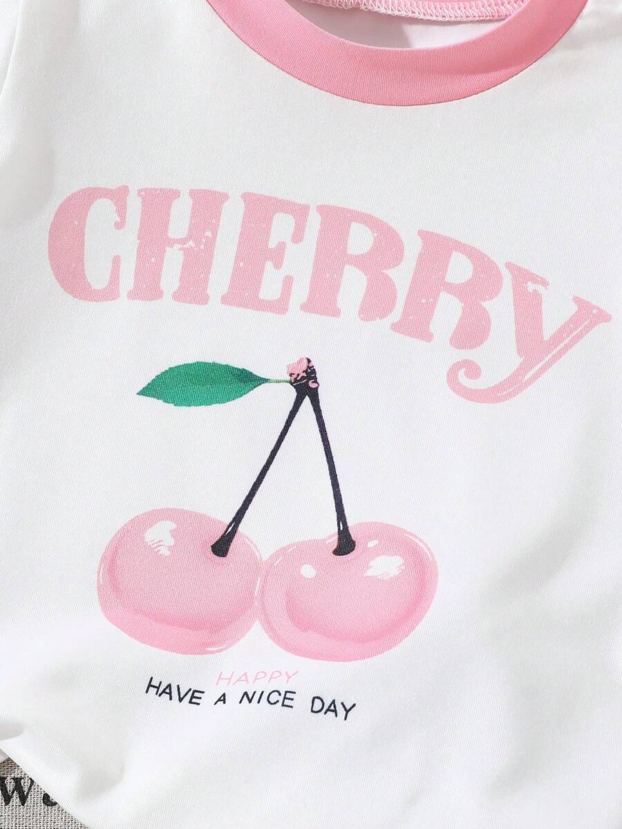 Cherry Print T-Shirt and Embroidery Pattern Contrast Shorts Set for Baby Girls