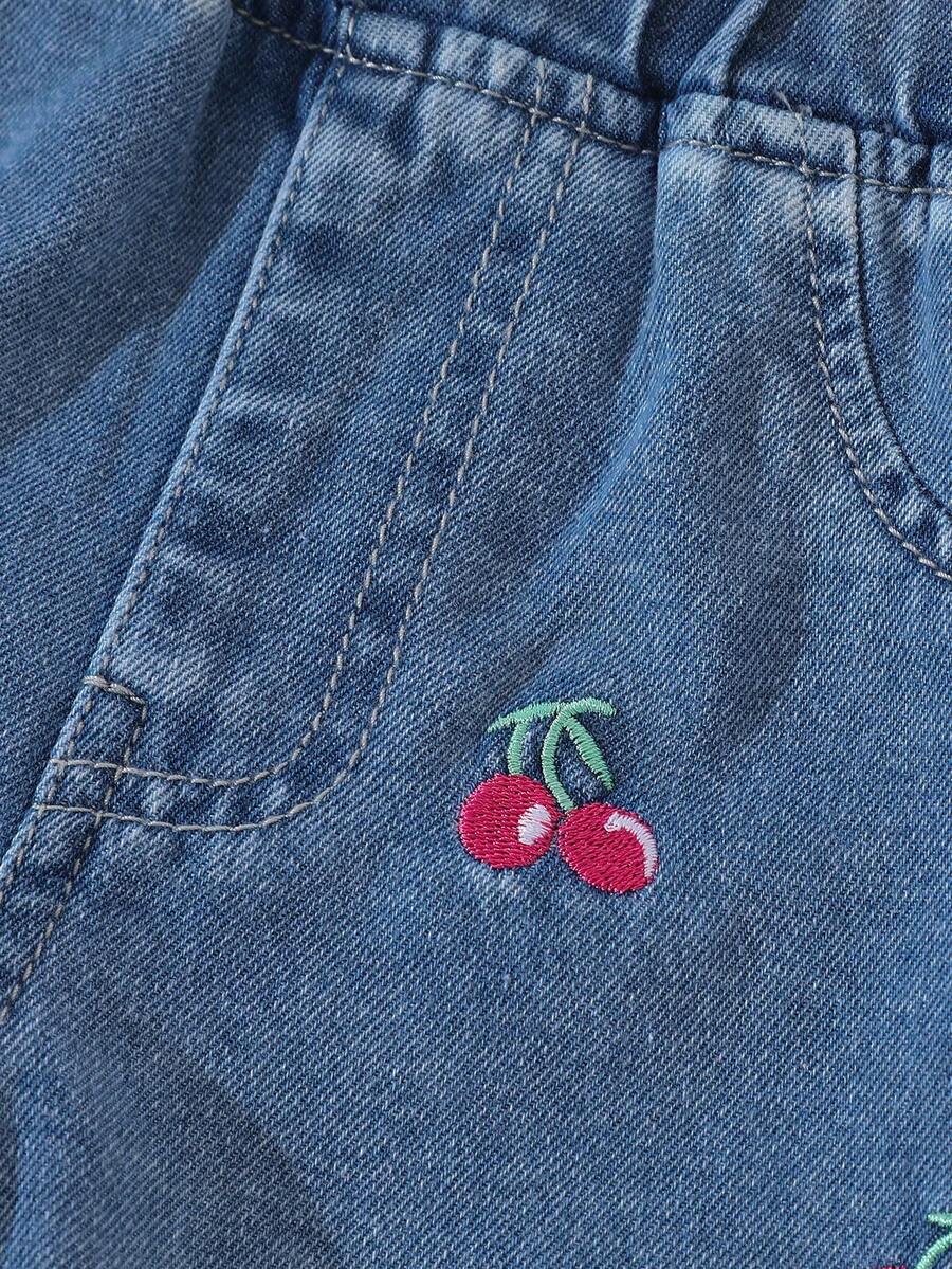 Cherry Print T-Shirt and Embroidery Pattern Contrast Shorts Set for Baby Girls