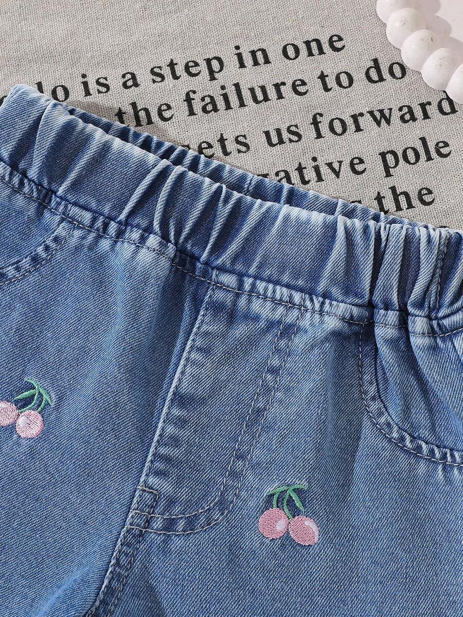 Cherry Print T-Shirt and Embroidery Pattern Contrast Shorts Set for Baby Girls