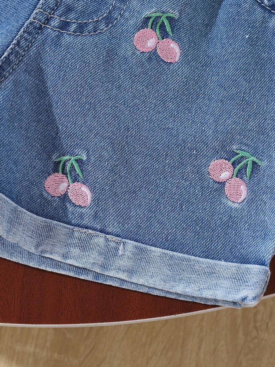 Cherry Print T-Shirt and Embroidery Pattern Contrast Shorts Set for Baby Girls