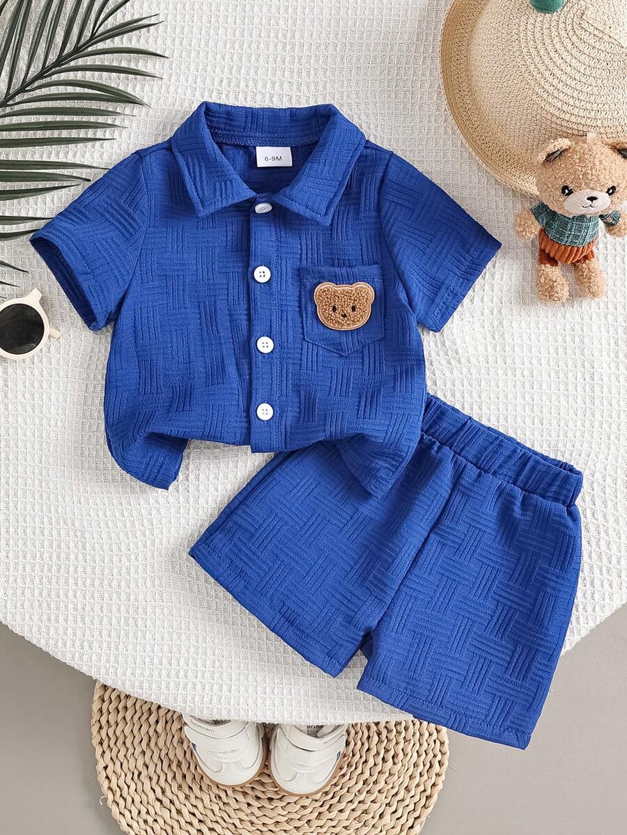 2-Piece Baby Boy Textured Bear Embroidery Shirt and Shorts Set