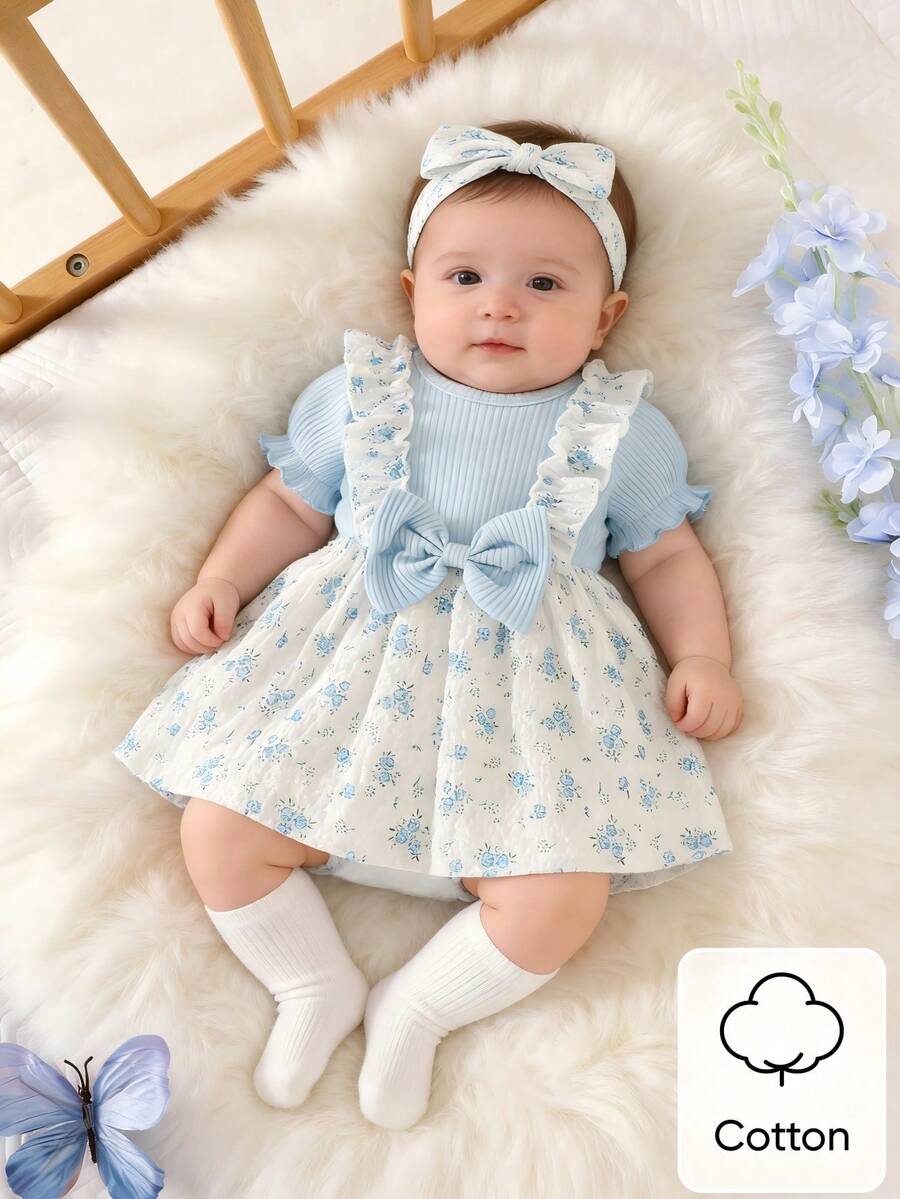 2PCS Baby Blue Floral Dress and Headband Set for Cute Summer Tea Parties and Outings
