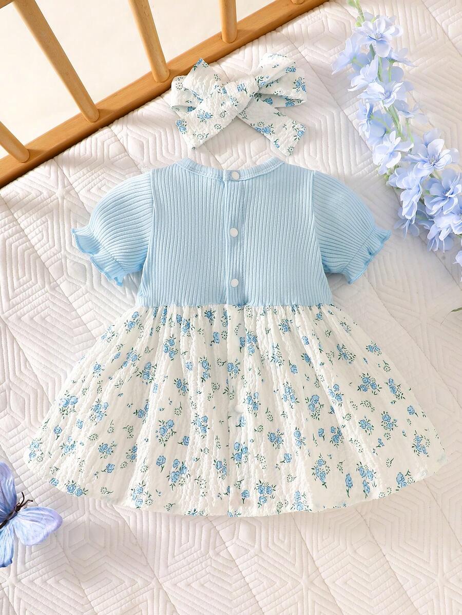 2PCS Baby Blue Floral Dress and Headband Set for Cute Summer Tea Parties and Outings