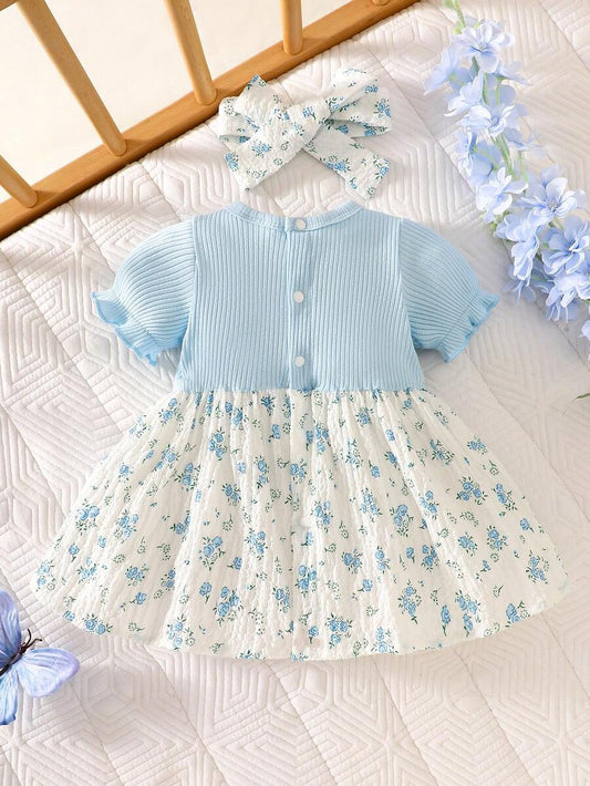 2PCS Baby Blue Floral Dress and Headband Set for Cute Summer Tea Parties and Outings