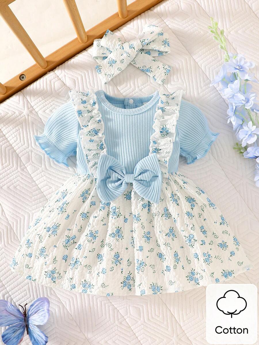 2PCS Baby Blue Floral Dress and Headband Set for Cute Summer Tea Parties and Outings
