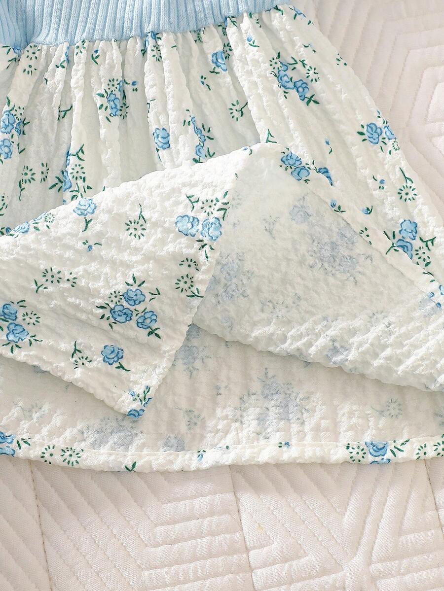2PCS Baby Blue Floral Dress and Headband Set for Cute Summer Tea Parties and Outings