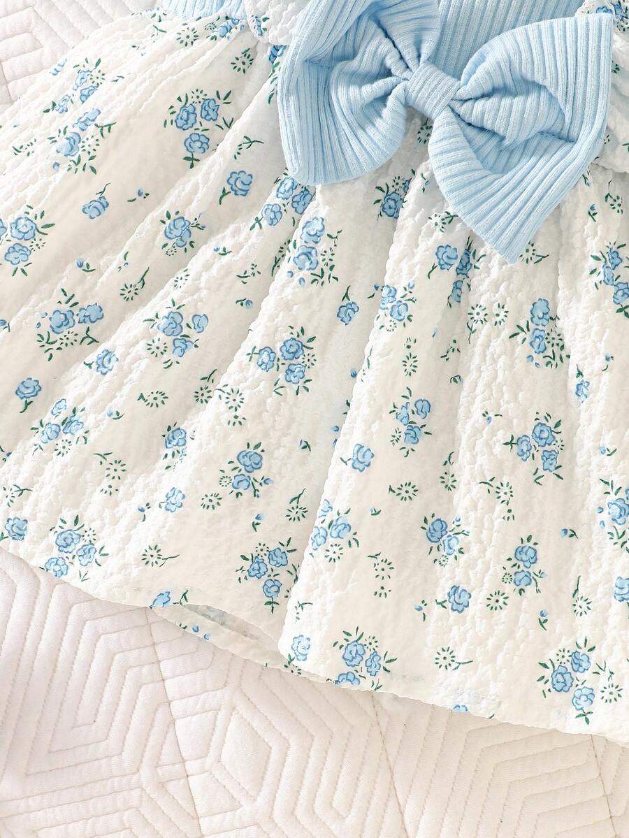 2PCS Baby Blue Floral Dress and Headband Set for Cute Summer Tea Parties and Outings