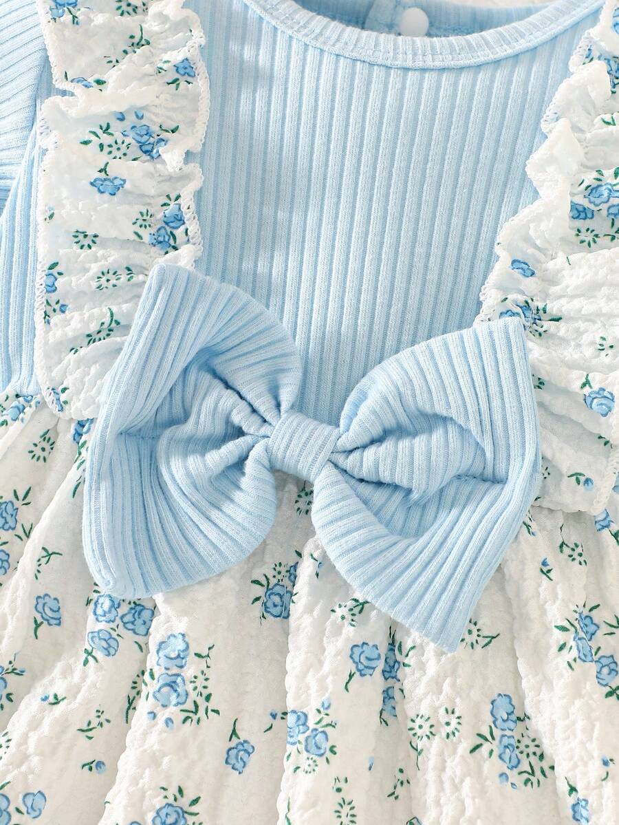 2PCS Baby Blue Floral Dress and Headband Set for Cute Summer Tea Parties and Outings