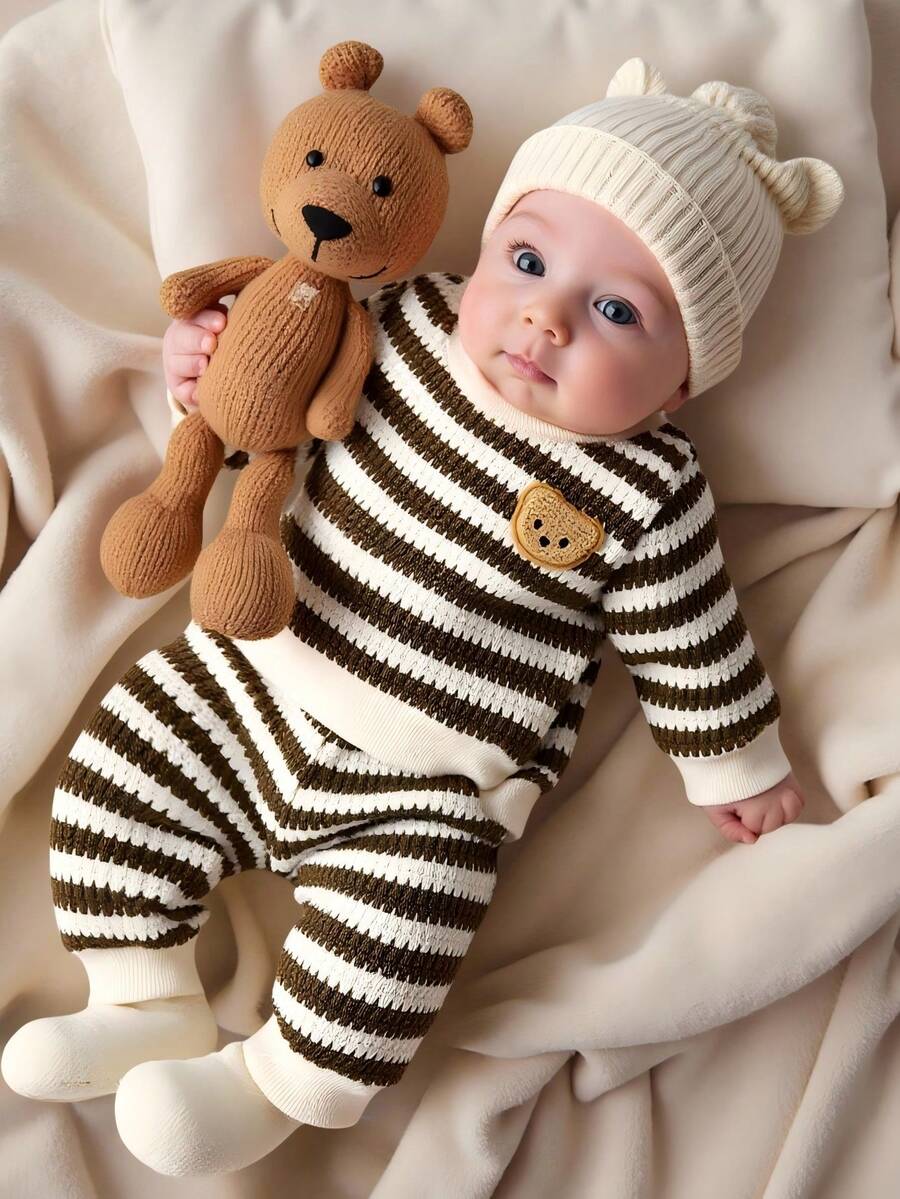Baby Boy Black and White Striped Teddy Bear Top and Pants Set