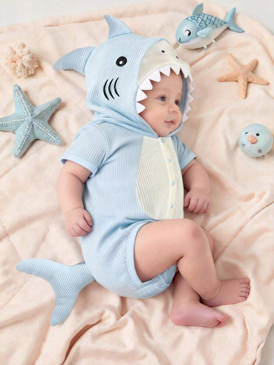 Shark Theme Hooded Romper with 3D Embroidery for Cute Summer Daily Wear