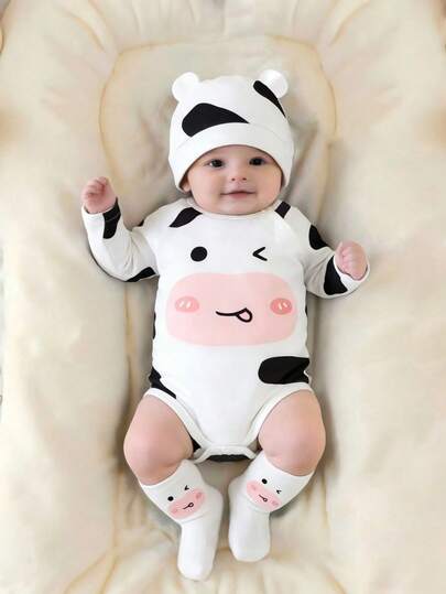 Cute Cow Theme Bodysuit Hat and Socks Outfit Set for Newborn Daily Wear