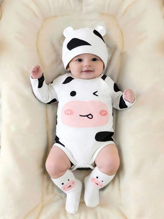 Cute Cow Theme Bodysuit Hat and Socks Outfit Set for Newborn Daily Wear