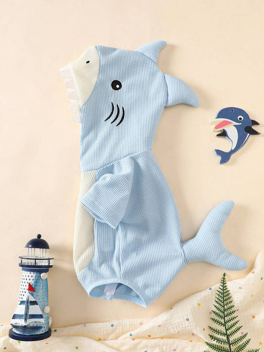 Shark Theme Hooded Romper with 3D Embroidery for Cute Summer Daily Wear