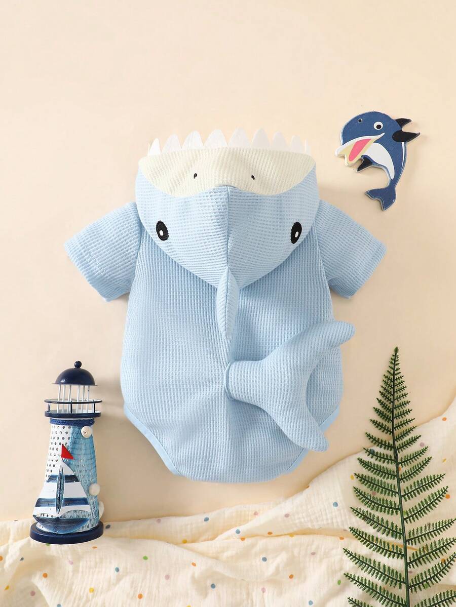 Shark Theme Hooded Romper with 3D Embroidery for Cute Summer Daily Wear